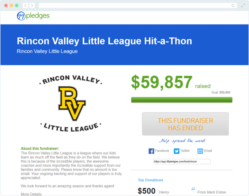 A screenshot of Rincon Valley Little League’s hit-a-thon fundraising page