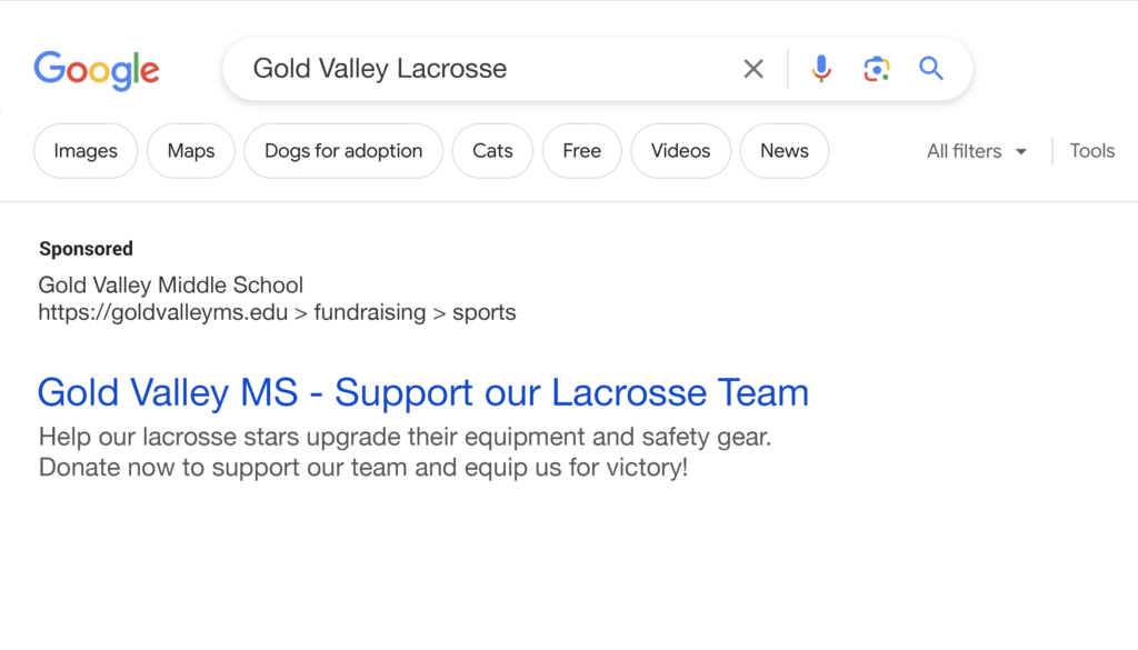 An example of how a sports team can use paid ad campaigns on Google as a sports fundraising idea.