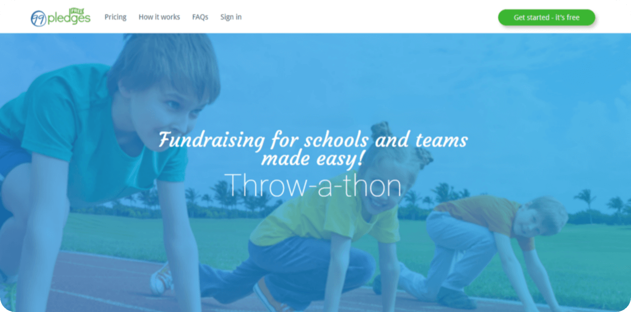 A screenshot of 99Pledges’ team fundraising platform website homepage.