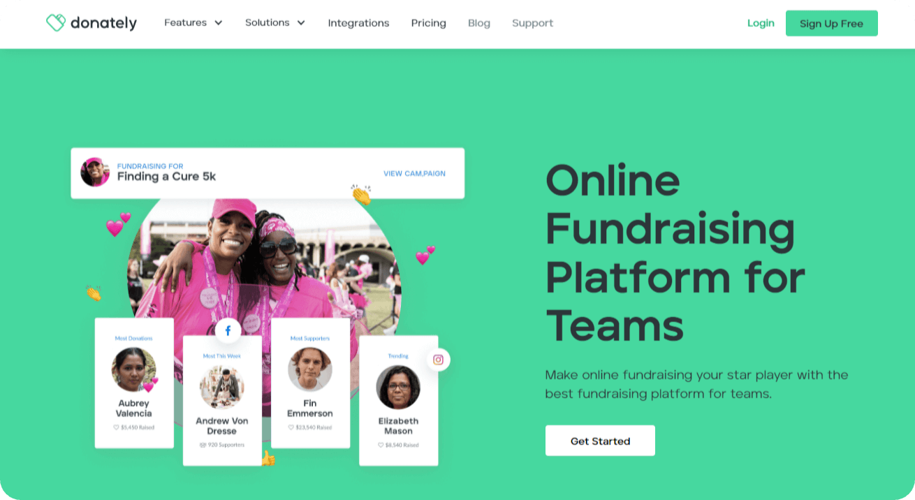 Screenshot of Donately’s team fundraising platform webpage.