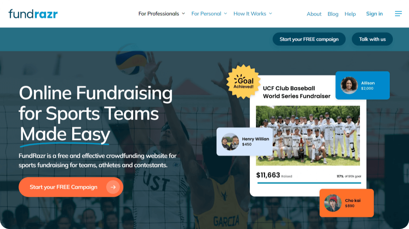 Screenshot of FundRazr’s team fundraising platform webpage.