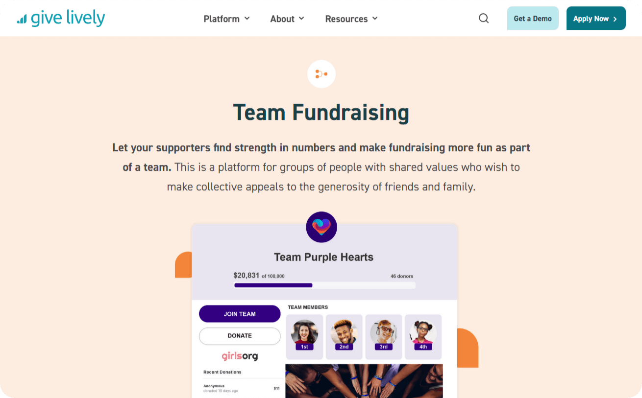 Screenshot of Give Lively’s team fundraising platform webpage.