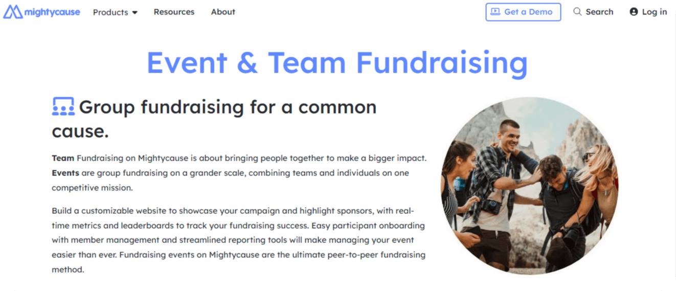 Screenshot of Mightycause’s team fundraising platform webpage.