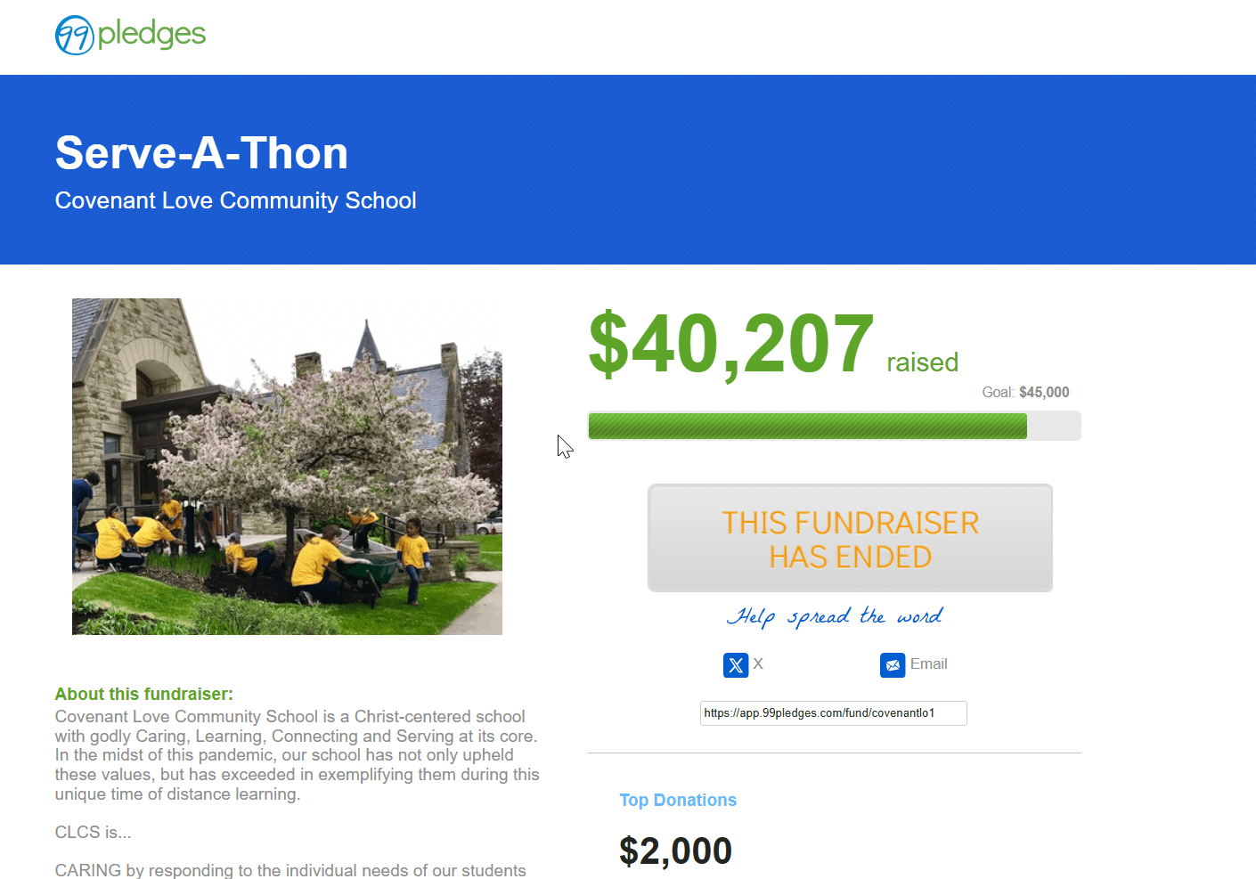 A screenshot of a Serve-a-thon fundraising dashboard by 99Pledges.